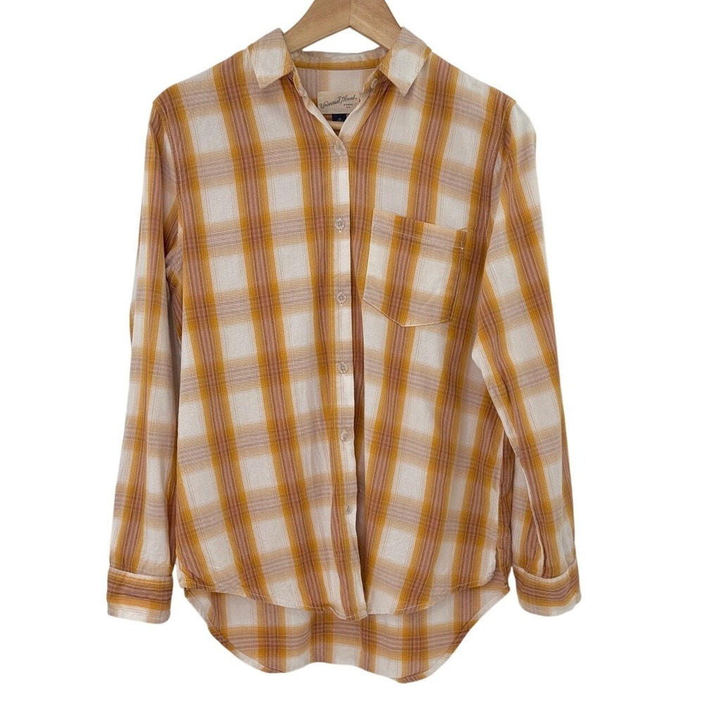 Universal Thread Womens‎ XS Plaid Button Down Shirt Yellow Cream Long Sleeve